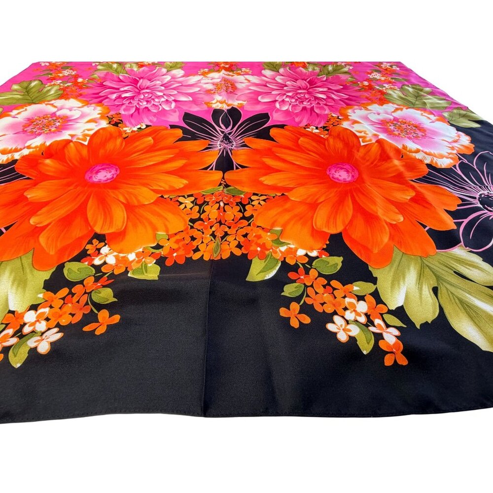 Adrienne Landau Studio Floral Silk Scarf Pink Orange Black Bold Retro Design 35" - Picture 5 of 11